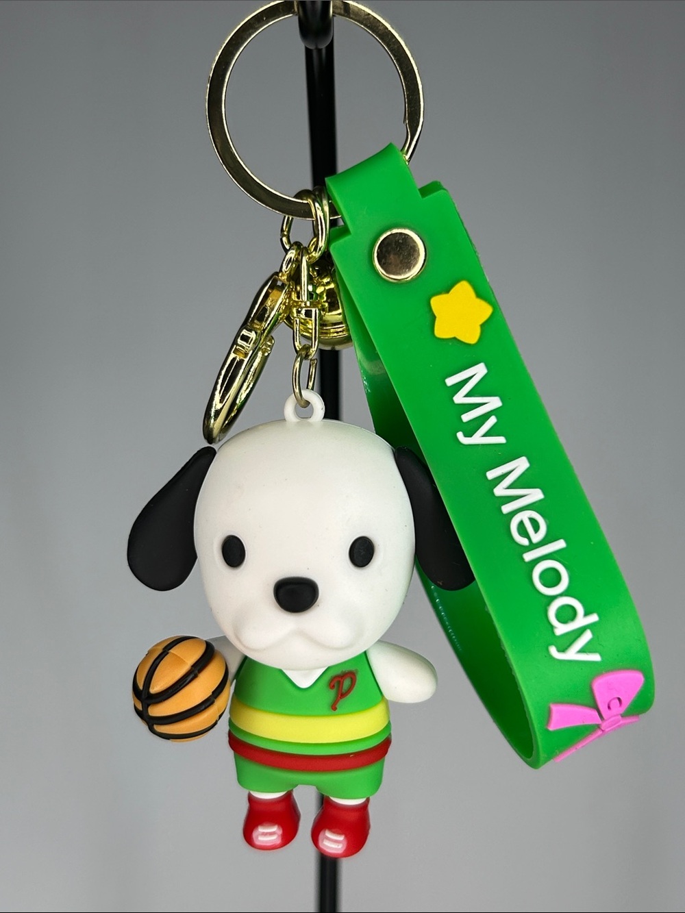 My Melody Green Silicone Keychain with Cute Dog Basketball Charm